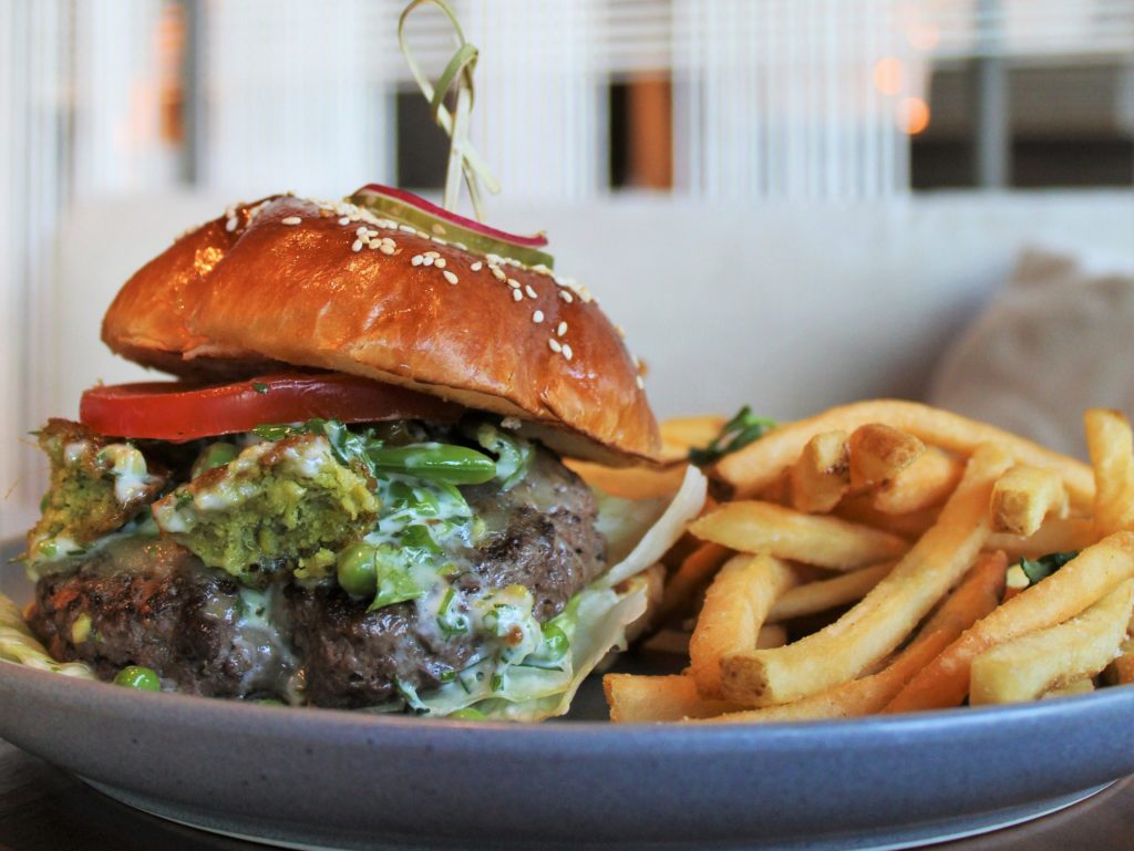 closeup of burger and fries