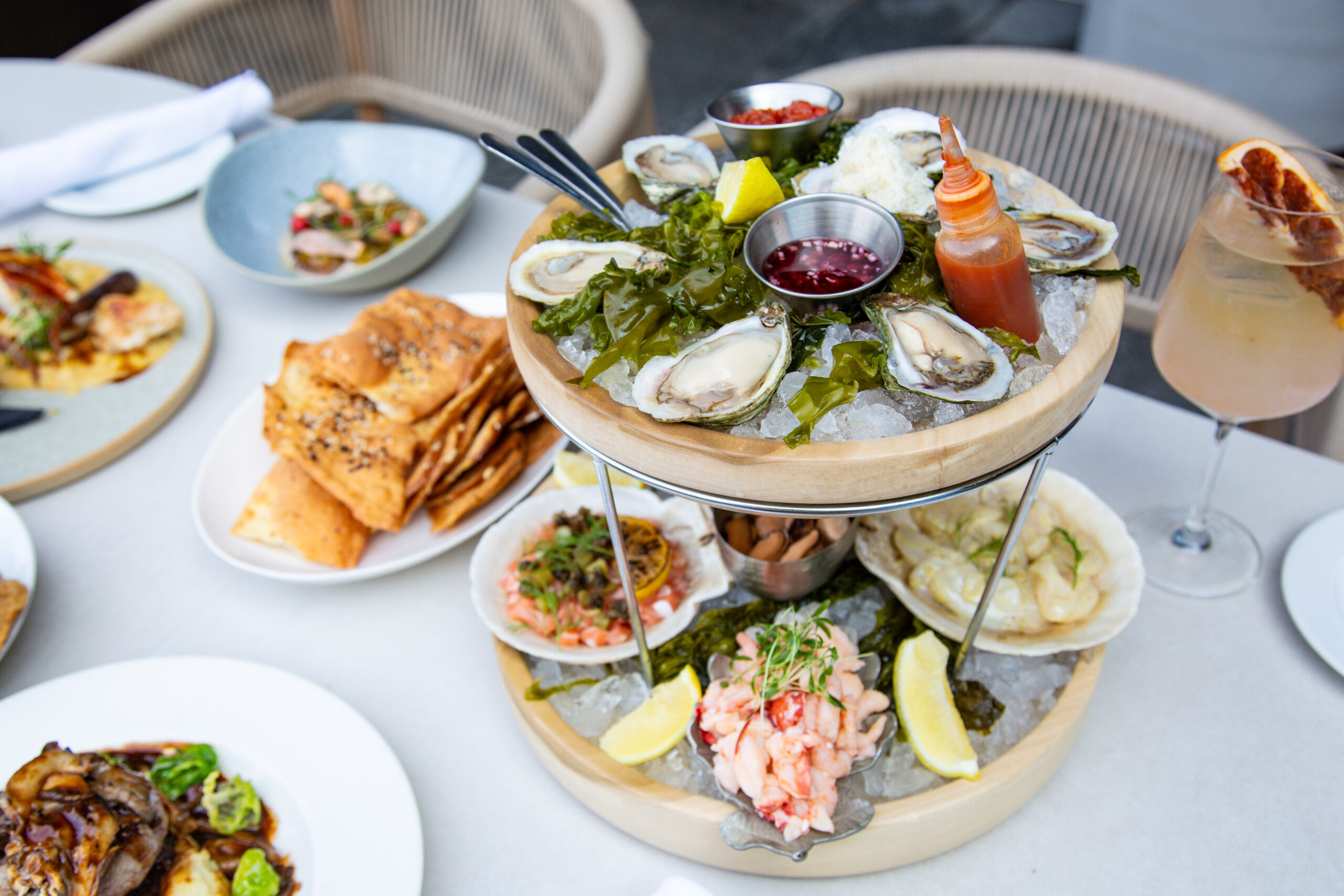 seafood tower on patio table